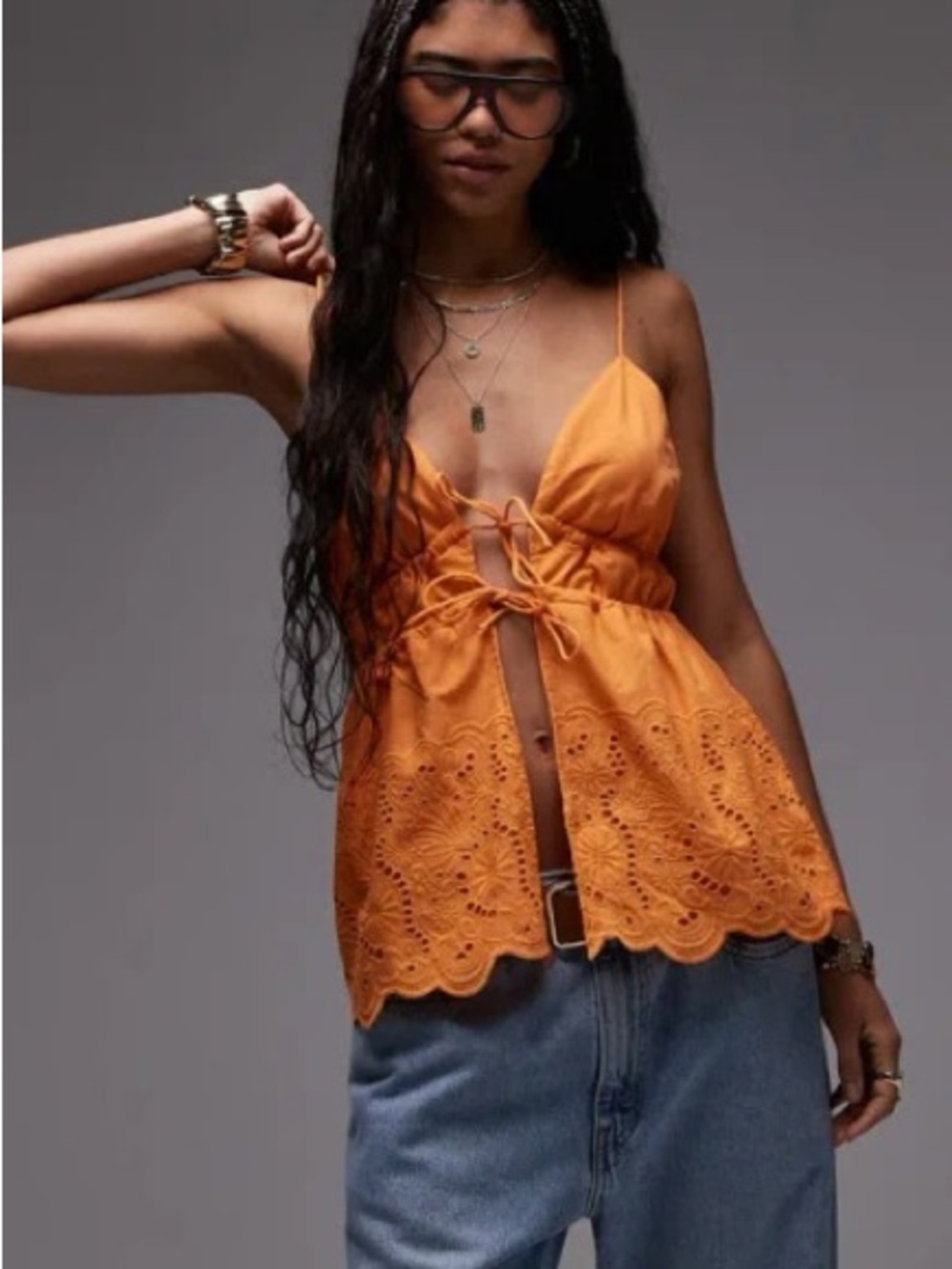 Topshop Orange Eyelet Tie-Front Camisole